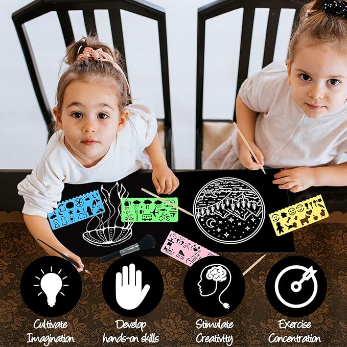 ZOCONE Scratch Paper Art Set, 50 Sheets 8x11in Black Coated Scratchboard Large Scratch Paper with Wooden Styluses and Stencils, DIY Scratch Painting Art Paper for Kids Adults Birthday Christmas Gift