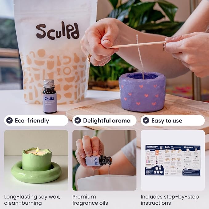Sculpd Candle Making Pottery Kit for Adults with Air Dry Clay and Acrylic Paint Set, Non-Toxic Eco Soy Wax, Scented Fragrance Oil, Candle Glaze, Tools & Guide, 2 Candles, Peony Rose with Pastel Tones