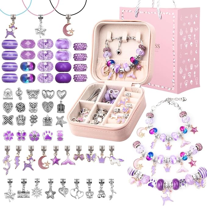 UFU Charm Bracelet Making Kit Girls Beads for Jewelry Making Kit, Unicorns Arts Crafts Gifts Set for Teen Girls Age 5 6 7 8-12, with a Portable Bracelet Organizer Box