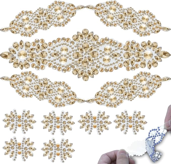 PEARLY JUN 11 Pcs Gold Rhinestone Applique Patches Pearl Rhinestone Patches Iron on Appliques for Dresses Hand Sewing Craft Projects DIY Wedding Clothes Shoes Hats Bags Embellishments