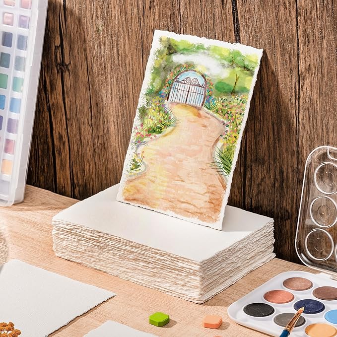 100 Sheets Watercolor Paper 5 x 7inch, 300 GSM Deckled Edge Paper Rough/Textured Handmade Paper for Watercolors, Wedding Invitations, Cards, Crafts
