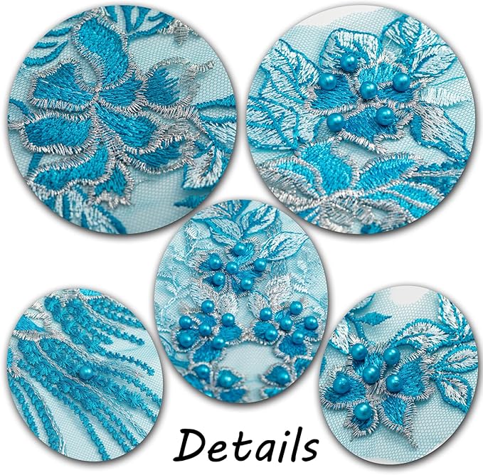 Beaded Pearl Flower Fabric Lace Applique, Floral Embroidered Patches Handmade Sewing Tool for DIY Neckline Bodice Wedding Bridal Prom Dress(Sky Blue-Large)