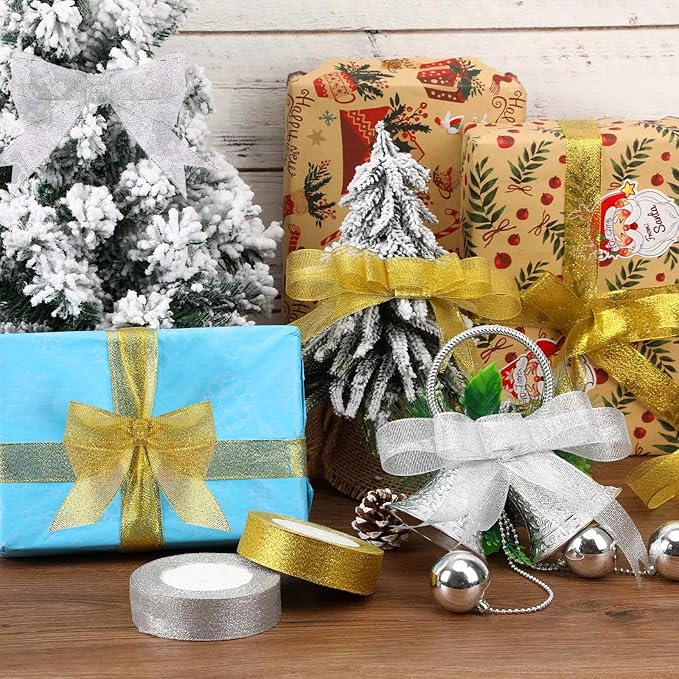 DECYOOL 4 Rolls 100 Yards Christmas Ribbons 1 Inch Wide Holiday Metallic Glitter Ribbons for Gift Wrapping and DIY Craft, Gold & Silver