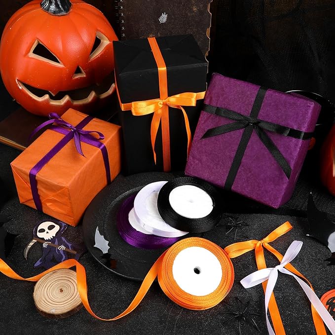 DECYOOL Halloween Ribbons, 4 Rolls 100 Yards Halloween Satin Ribbons 10mm Wide Holiday Gift Wrapping Ribbon for DIY Bows Party Decoration (Orange, Black, Purple, White)