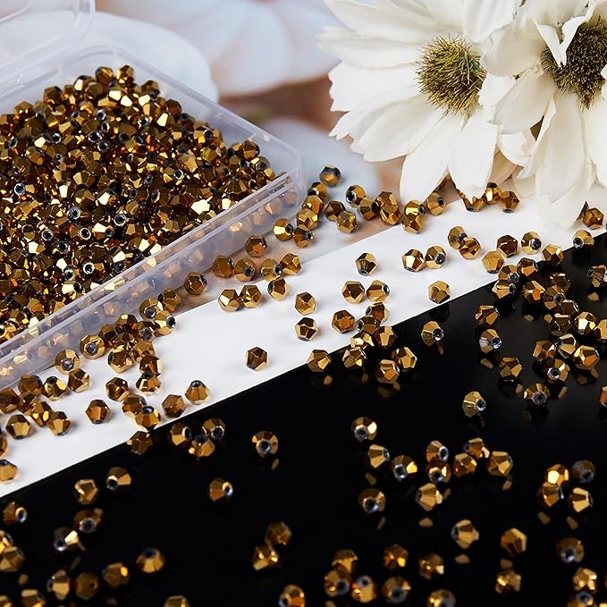 1100PCS 4mm Bicone Crystal Glass Beads for Jewelry Making, Sparkling Mini Beads for Suncatchers, DIY Bracelets & Craft Projects (Coffee Gold)