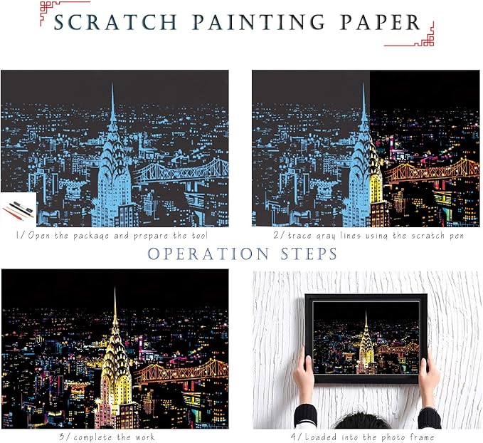 DESINIK Scratch Painting Art for Adults & Teens - 2 Sheets Rainbow Scratch Painting Kit, Scratch Painting Foil Art for Adults, Stress Relief Adult Craft Kits A3(New York & Canada)
