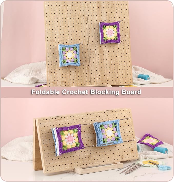 OGANAZI 17" Foldable Crochet Blocking Boards for Crochet Projects, Wooden Granny Square Blocking Board with 30 Pegs, Handcrafted Knitting Blocking Mat, Ideal Crocheting Accessories Gift for Crocheters