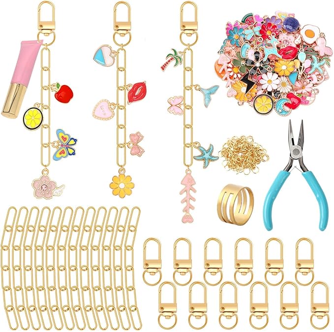 AUGSUN 189Pcs Keychain Making Kit, Charm Jewelry Chain Making Crafts Including 60 Charms 12 Keychain Clips Hooks 15 Extender Chains 100 Jump Ring and Jewelry Plier for Crafts Accessories