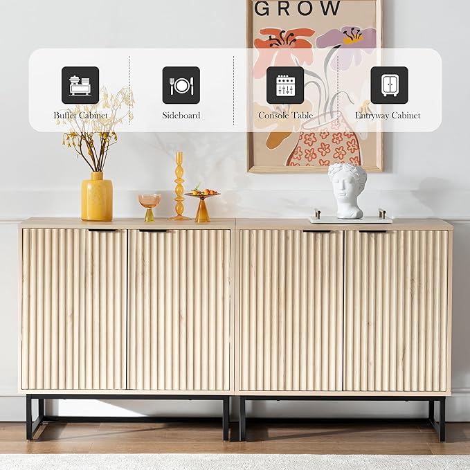 Fluted Storage Cabinet,Sideboard Buffet Cabinet with Adjustable Shelves,Multifunctional Console Table with Storage Credenza Accent Cabinet for Living Room, Dining Room, Hallway, Light Oak