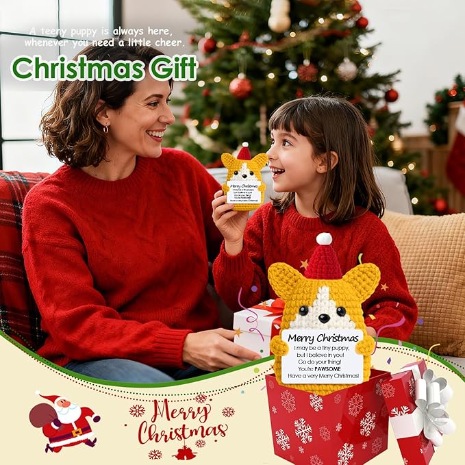 Funny Positive Christmas Corgi Dog Gifts for Women Men Grandkids, Stocking Stuffers for Teen, Inspirational Mini Dog Cute Stuff Things, Handmade Emotional Positive Crochet Puppy Decorations