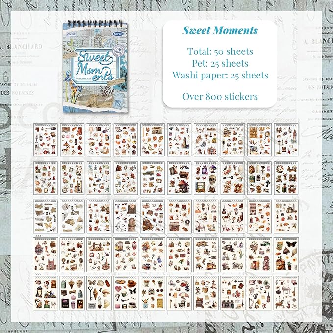 WCCH Vintage Scrapbook Sticker Supplies, 25 Sheets PET and 25 Sheets Washi Stickers, Over 800 Self-Adhesive Pre-Cut Stickers for Junk Journal, Bujo, Collage, Adult Crafts Arts, Letters DIY
