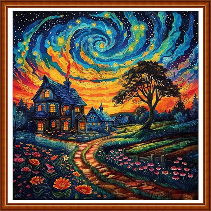 Funart Stamped Cross Stitch Kits for Beginners Full Range of Cross Stitching Preprinted Embroidery Kits for Adults, 11CT Embroidery Pattern Needlepoint Kits-Starry Night Garden Trail 18x18 inch