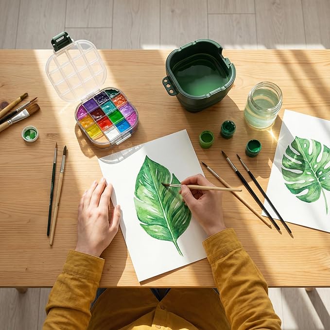 5.3 x 4.4 inches Airtight Paint Palette Box, Valuable Container Combines Cleaning Brush Basin and Brush Holder, Using for Beginners Learning Art Project Workshops Outdoor Painting (Green)