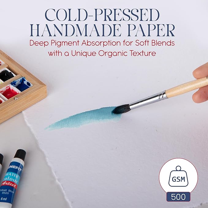 Wanderings Thick Handmade Watercolor Paper with Deckled Edge - 9x12-500GSM Premium White Cold-Pressed Textured Mixed Media Paper Made with Recycled Cotton - 15 Loose Leaf Sheets