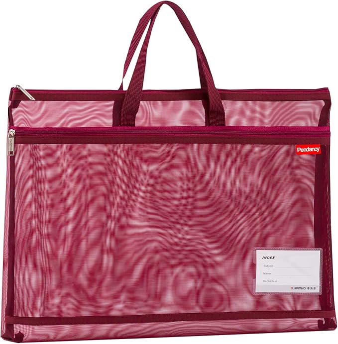 Pendancy Mesh Zipper Pouch A3 Size, Large Double Pocket Lightweight Nylon Transparent File Bag with Handle, 13x17 in Foldable Document Storage for Puzzle Project/Cross Stitch/Travel/Office (Red)