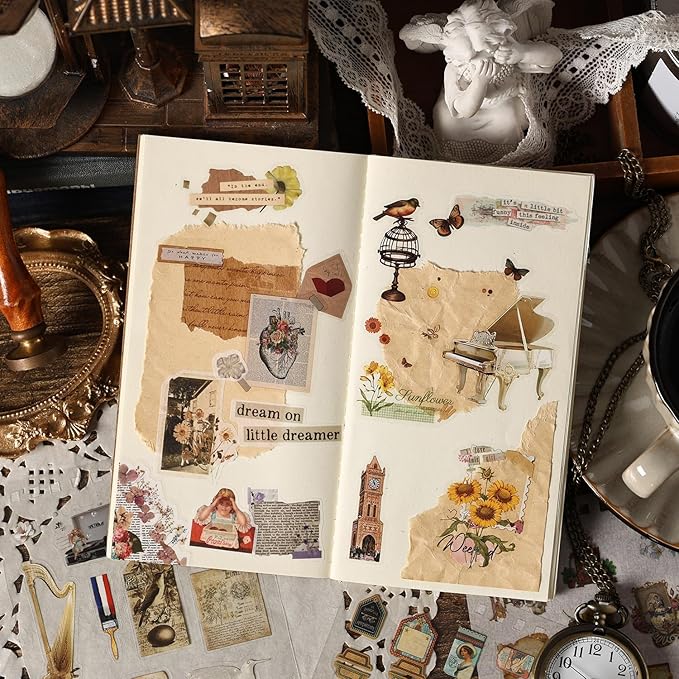 WCCH Vintage Scrapbook Sticker Supplies, 25 Sheets PET and 25 Sheets Washi Stickers, Over 800 Self-Adhesive Pre-Cut Stickers for Junk Journal, Bujo, Collage, Adult Crafts Arts, Letters DIY