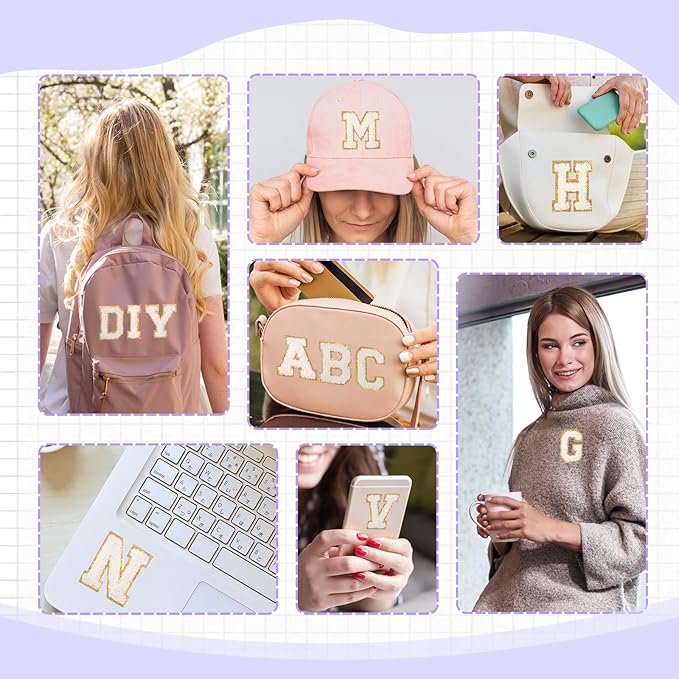 52 Pcs White Chenille Letter Patches Self Adhesive for Clothing,A-Z Varsity Letter Stickers Embroidered Sew on Repair Patches for Jackets Hats Backpack