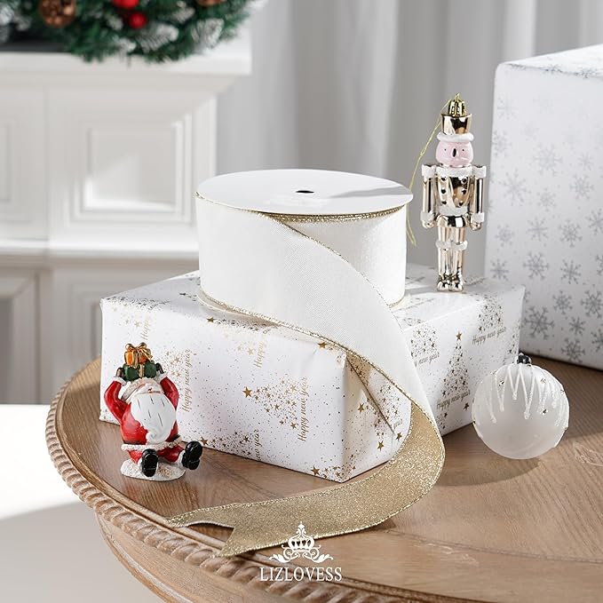 White Velvet Wired Ribbon with Glitter Back 2.5 Inch White and Gold Christmas Ribbon Wired Ribbon for Christmas Tree, Gift Wrapping, Mantel, Wreaths Supplies, Topper Bows (10 Yards)