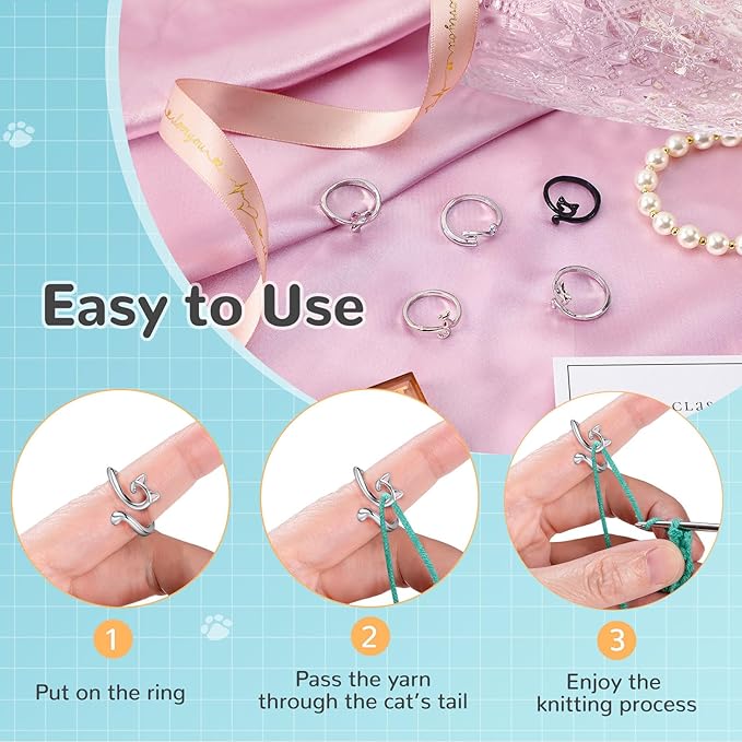 MARFOREVER 5 Pcs Crochet Rings Cat Crochet Tension Ring, Adjustable Crochet Tension Loops for Fingers Yarn Guide Knitting Crochet Accessories with Box for Mom Grandma Women