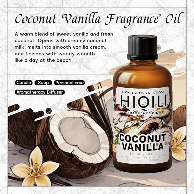 HIQILI Coconut Vanilla Fragrance Oil - for Candle Making, Soap Making, Essential Oil for Diffuser, Humidifier, Home& Hotel & Car Use - 1 Fl Oz