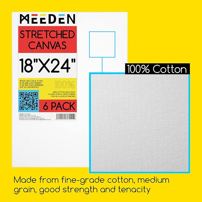MEEDEN Stretched Canvas, 18 × 24 Inch, Pack of 6, Blank White Canvases for Painting, 100% Cotton, 8 oz Gesso-Primed, Pre-Stretched Canvas for Acrylic Oil Pouring & Airbrushing Painting