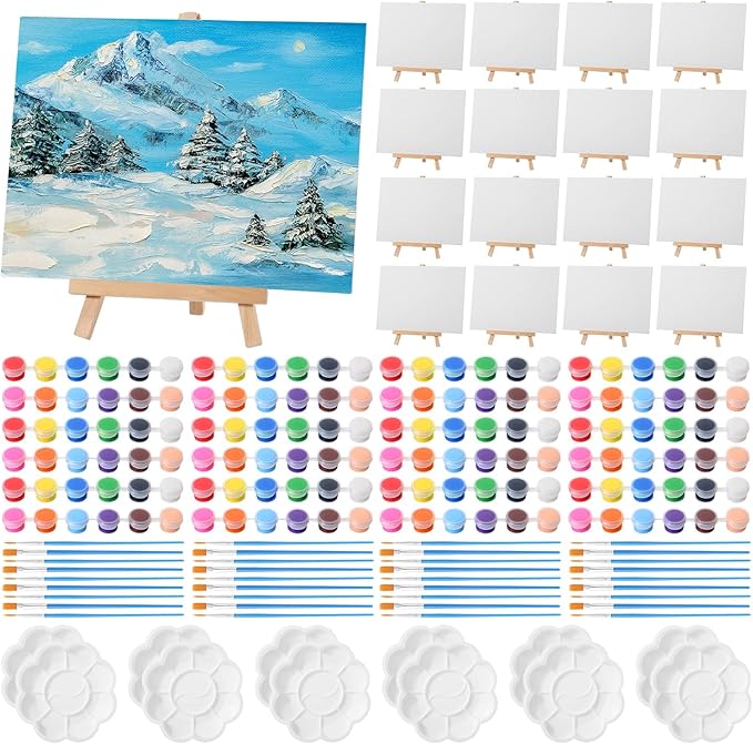 Qilery 24 Set 6 x 8 Inch Mini Canvas Boards and Easel for Painting, Acrylic Paint Strips, Palettes, Brushes, Canvases Painting Kits for Kids Adults Artists Beginners Oil Acrylic Painting Party Favors