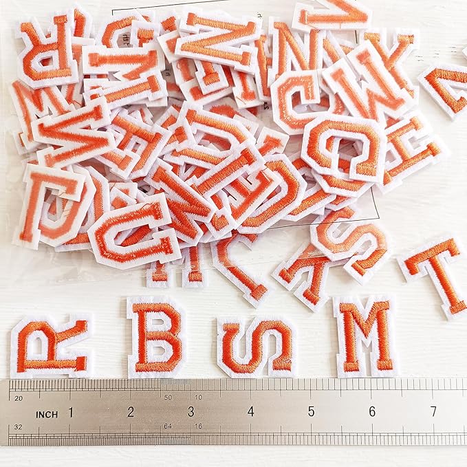 1.3 inch Iron on Letter Patches 78 Pieces, A-Z Embroidered Alphabet Patches for Clothing Jackets Hats Backpacks Jeans Orange