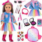 UNICORN ELEMENT 15 Pcs American 18 Inch Doll Makeup Accessories Set and Doll Clothes Includes Skirt, Backpack Carrier for 18 Inch Doll Makeup Doll Accessories for Girl (No Doll)