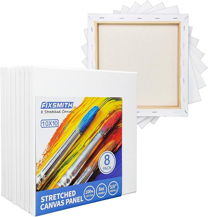 FIXSMITH Stretched White Blank Canvas - 10 x10 Inch, Bulk Pack of 8, Primed, 100% Cotton, 5/8 Inch Profile of Super Value Pack for Acrylics,Oils & Other Painting Media.