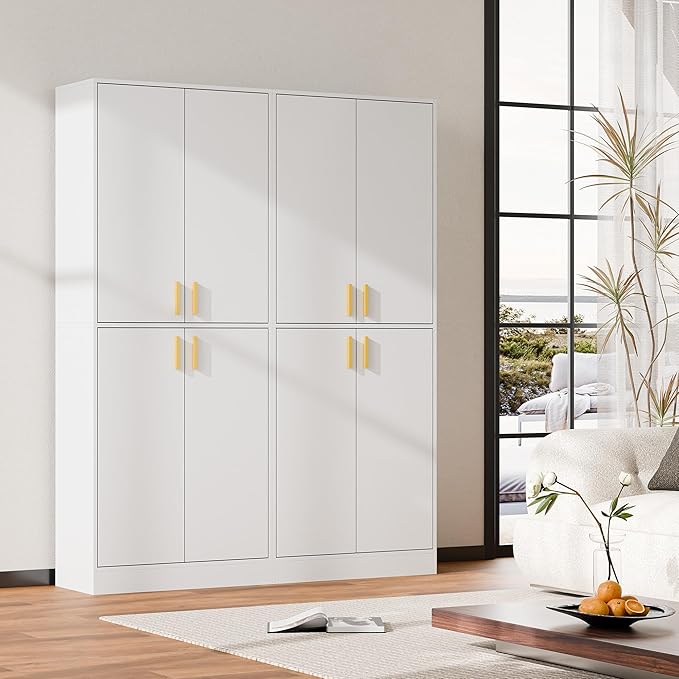 Cozy Castle Kitchen Pantry Cabinet, 71" Tall Wood Storage Cabinet with Doors and Shelves 4 Doors Freestanding Cupboard for Dining Room Living Room Bathroom Furniture, White