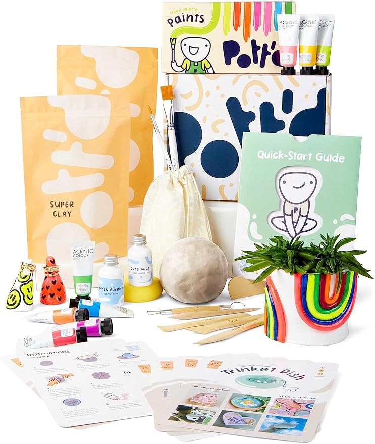 Pott'd Air Dry Clay for Adults. Beginners Home Pottery Kit for Adults. DIY Craft Kit for Adult. Kit Includes: Air-Dry Clay for Adult, Tools, Paints, Brushes, Sealant, How-to-Guides