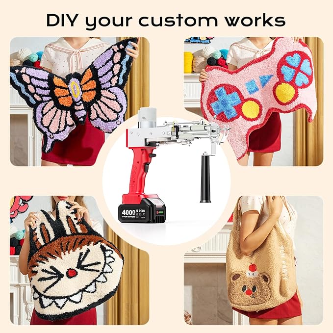 BESGEER Cordless Rug Tufting Gun with Carpet Trimmer Kit, Tufting Gun Starter Kit with 2pcs 4.0Ah Batteries，2 in 1 Cut Pile and Loop Pile Tufting Gun, with Tufting Cloth and Yarn Beginners