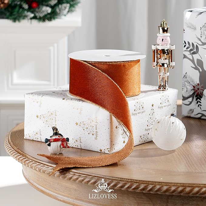 Copper Velvet Wired Ribbon with Glitter Back 2.5 Inch Copper Christmas Ribbon Wired Reversible Ribbon for Christmas Tree, Gift Wrapping, Crafts, Wreaths Supplies, Topper Bows (10 Yards)