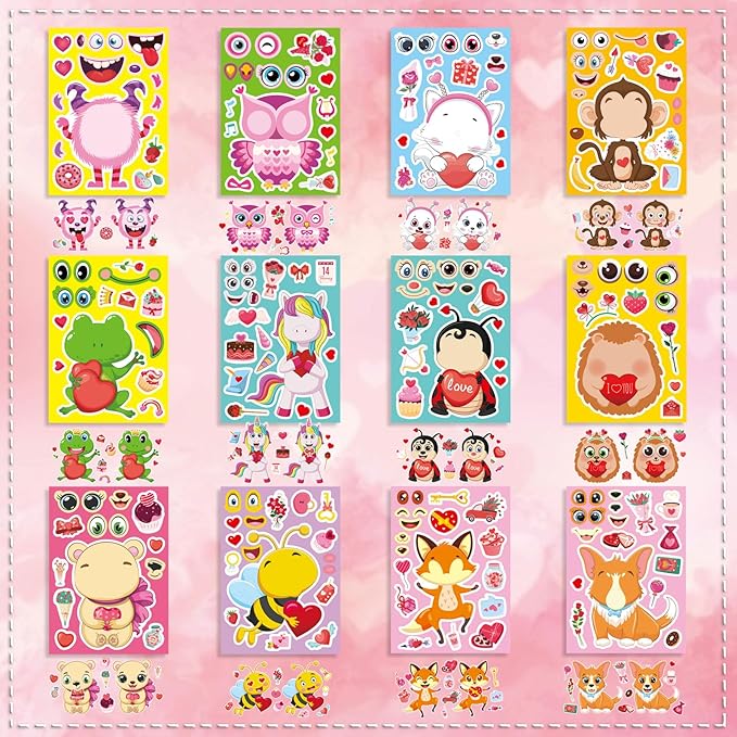 Valentine Stickers for Kids Toddlers, 36 Sheets Valentines Day Make a Face Stickers, Make Your Own Animal with Heart Mix Stickers for Kids Valentines Day Activities Party Favors