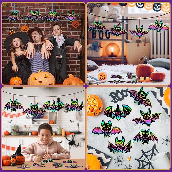 JULMELON 36Pcs Halloween Crafts, Rainbow Magic Halloween Scratch Art Paper Cute Bat Crafts School Classroom Activities Party Favors DIY Gifts