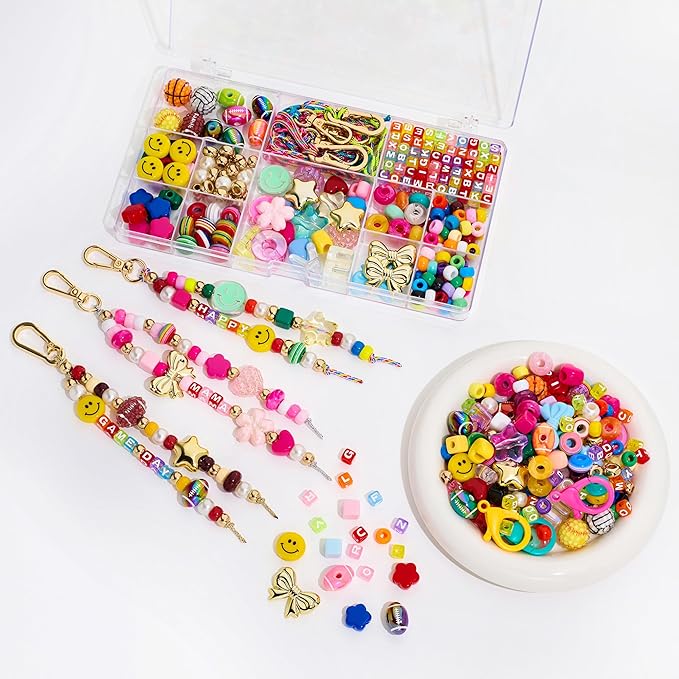 304PCS Beads Keychain Making Kit , Acrylic Colorful Letter Star Smile Bow Football Baseball DIY Supplies Crafts Key Chain Bag Charm Accessoriess Jewerly Making Kit for Girls Boys Kids Women