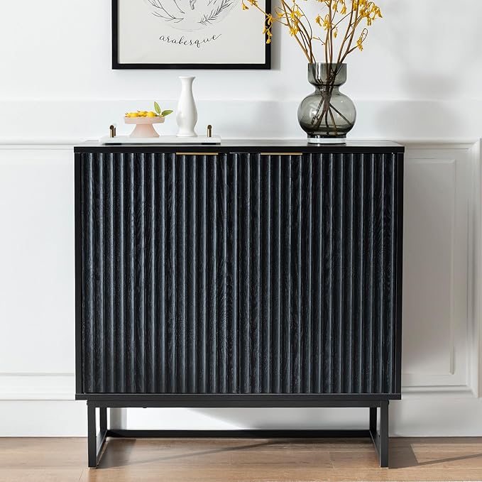 Fluted Storage Cabinet, Sideboard Buffet with Adjustable Shelves, Multifunctional Console Table with Storage Credenza for Living Room, Dining Room, Hallway, Black