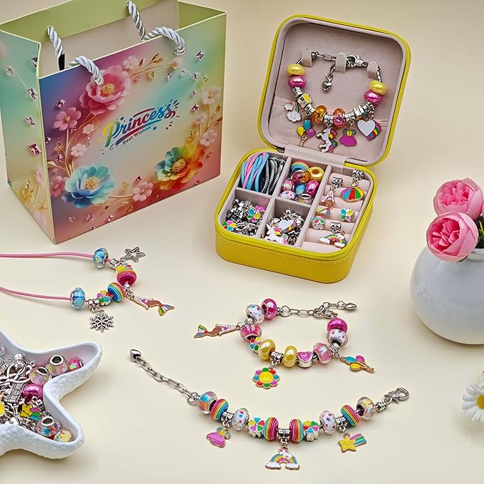 ONADEBY DIY Bracelet Kit with Beads & Charms - Friendship Jewelry Making Kit, A Perfect Birthday and Christmas Craft Gifts with Box Bag Packing (Yellow Colored)