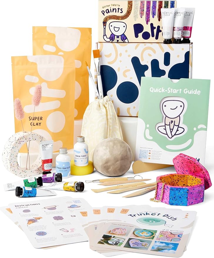 Pott'd Air Dry Clay for Adults - Beginner's Home Pottery Kit. Includes: Air-Dry Clay, Tools, Paints, Brushes, Sealant, How-to-Guides