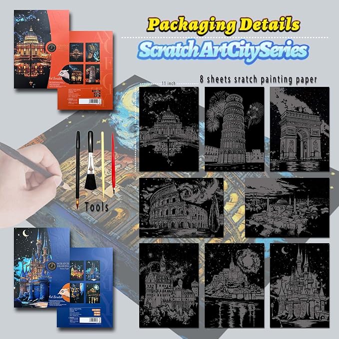 Rainbow Scratch Painting Art Kit - Scratch Art Painting for Adults and Teens, DIY Craft Kit with 4 Tools and 8 Sheets of Paper, Ancient Cities Series Creative Gifts 16''x11''(European)