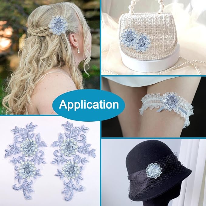 BETITETO 20pcs Embroidery Flower Lace Applique Exquisite 3D Sequins Organza Floral Sew On Patches for Wedding Bridal Dress Clothes Headpieces Sewing Craft DIY (Blue)