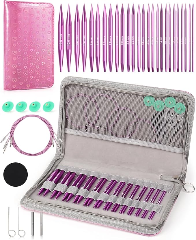 Coopay Interchangeable Knitting Needles with 4 Rotatable Cables, 13 Pairs Circular Knitting Needles 3.0-10.0mm with Case, Aluminum Cable Needles for Knitting, Ideal Gifts for Knitters, Purple Love