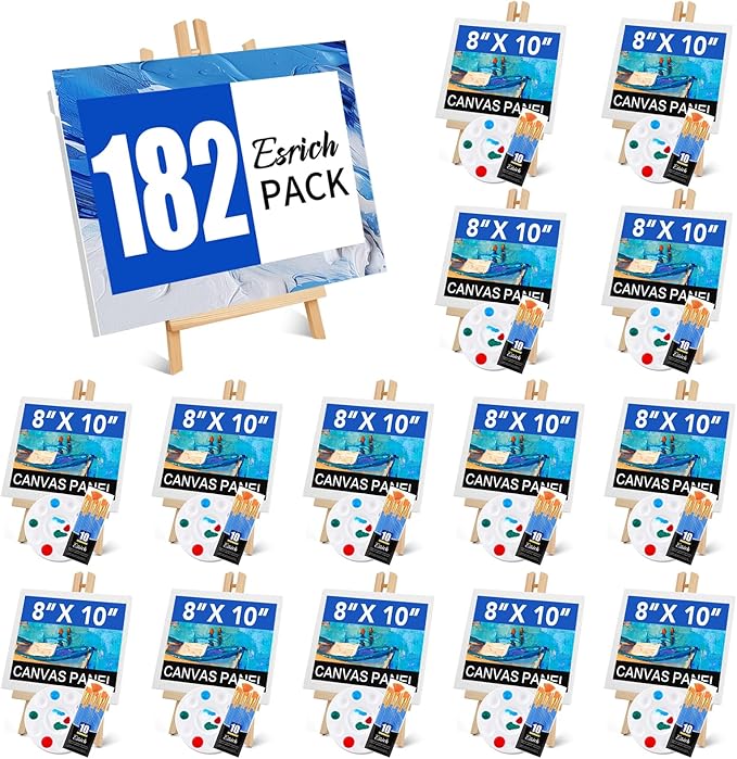 ESRICH 182 Pack Canvas with Easel Set 8 x 10 in Canvas Boards with 11.8 in Wooden Easels, Paint Brushes Canvas Panel Painting Kit for Acrylic Oil Watercolor Beginners Art Crafts Sip and Paint Party