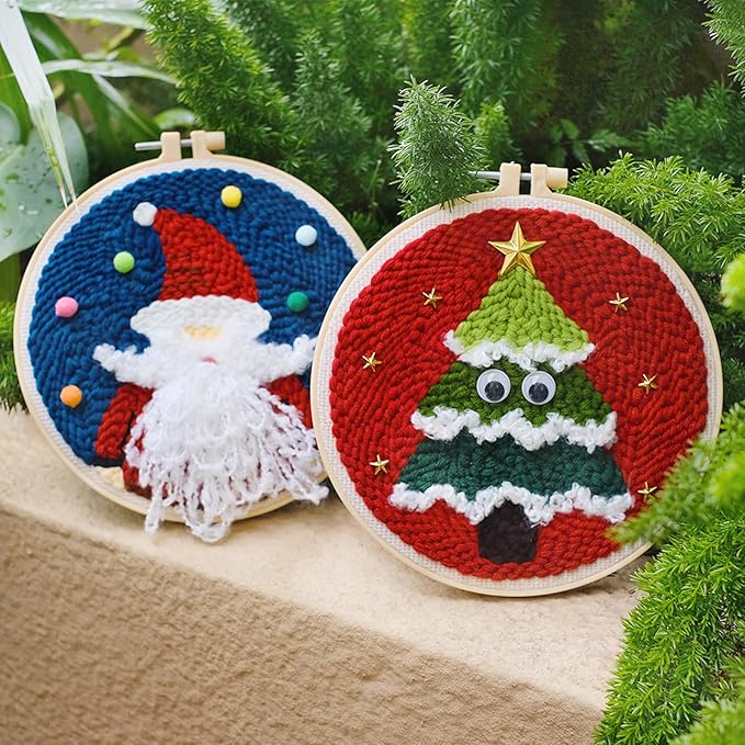 Hand U Journey Punch Needle Starter Kit | Rug Hooking Beginner's Set with Santa Claus and Christmas Tree Designs | Adjustable Punch Pen and Two 8.6'' Hoops | Ideal Craft Gift for Kids and Adults