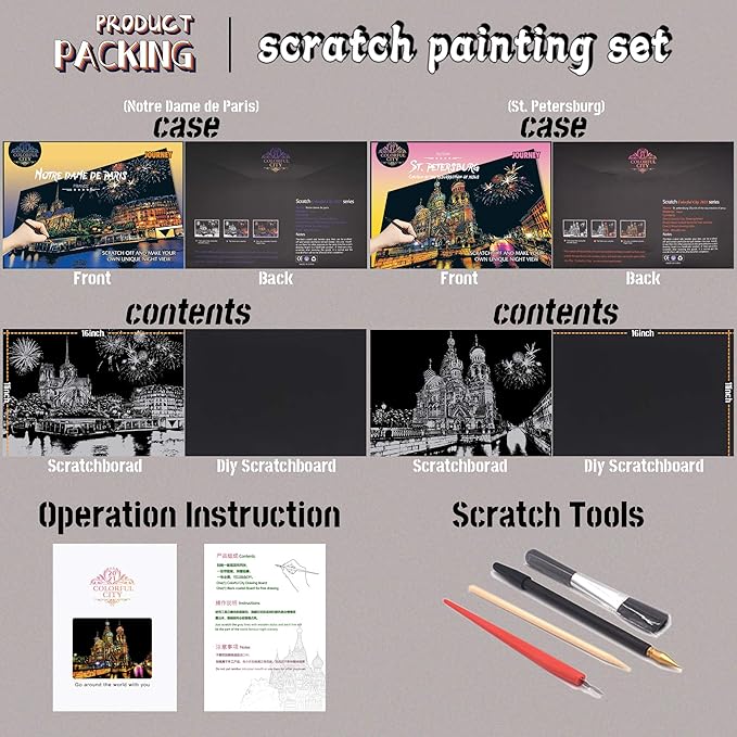 Scratch Painting Kits for Adults Rainbow Painting Art Paper, World Famous City DIY Night View Scratchboard for Adults with 4 Tools,Size 11.2''x16'' (Notre Dame de Paris)