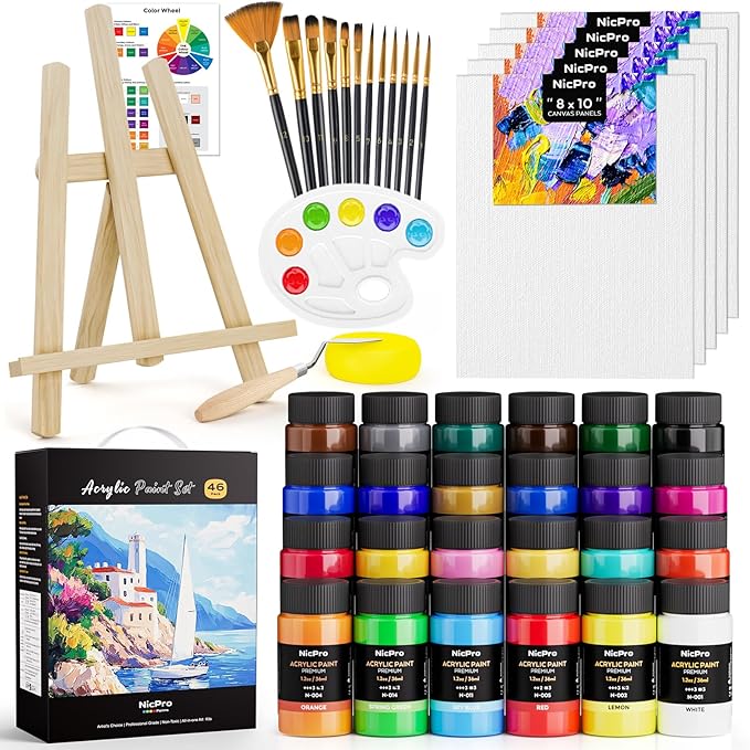 Nicpro Acrylic Paint Canvas Set for Adults, 46PCS Art Painting Supplies Kit with 24 Acrylic Paints(36ML), Table Wood Easel, 5 Canvas Panels, 12 Brushes, Paper Pad, Palette for Artist Beginner Students