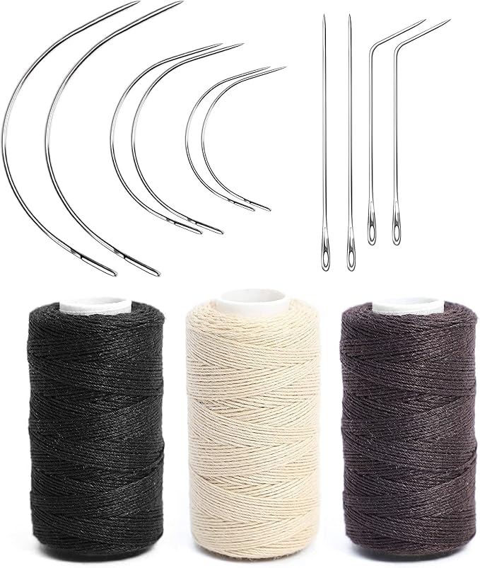 Ryalan Weaving Needle Combo Deal 3 Thread with Needle for Making Wig Sewing Hair Weft Hair Weave Big Medium and Small C Shape Curved Needle with J I Needle (10 Needle, 3 Thread Black, Brown, Blonde)