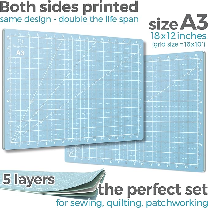 Rotary Cutter Set turquoise - Quilting Kit incl. 45mm Fabric Cutter, 5 Replacement Blades, A3 Cutting Mat, Acrylic Ruler and Craft Clips - Ideal for Crafting, Sewing, Patchworking, Crochet & Knitting