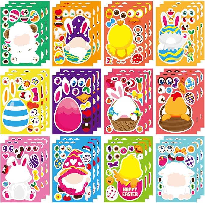 36 PCS Make a Face Stickers for Kids Make Your Own Stickers with Easter Chick Bunny Sheep Egg Pattern for Boys Girls Children Party Supplies Exchange Gifts(12 Design)