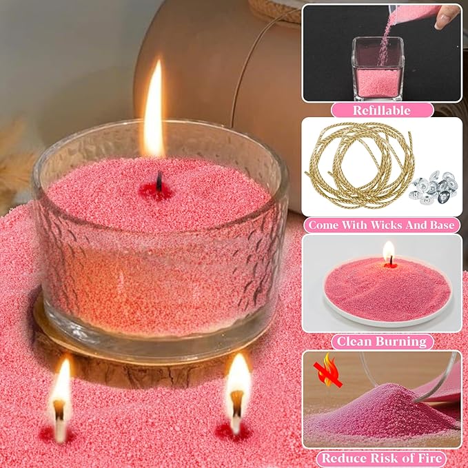 Pink Candle Sand Wax with Wicks and Wick Tabs- 450g DIY Pearled Candle Wax, Refillable Pearled Sand Candles with Wicks, for Valentine's Day, Wedding, Dating